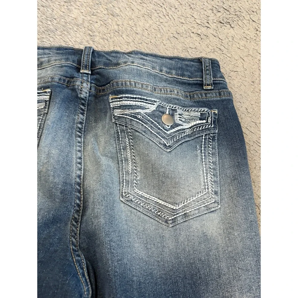 Flamingals Flare Leg Jeans Womens Size L Blue Denim Flap Pocket High Rise